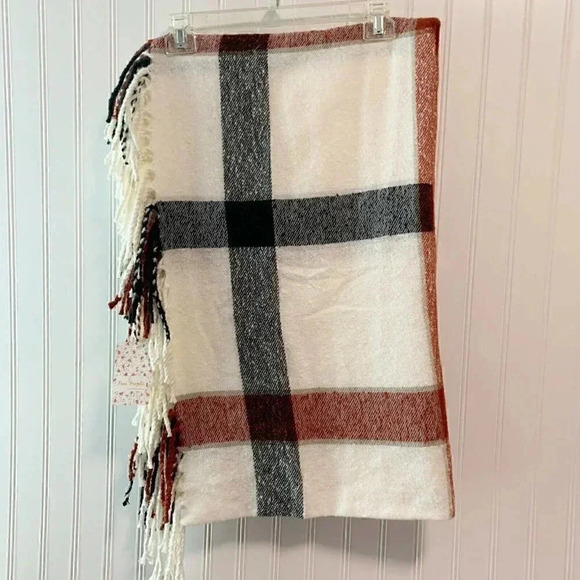 Free People  Ivory Valley Plaid Fringe Scarf New! - Picture 4 of 6